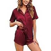 Ekouaer Womens Silk Satin Pajamas Set Short Sleeve Sleepwear Button Down Loungewear 2 Piece Pjs Shorts Set S-5X Plus Size