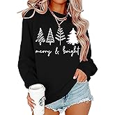 Christmas Trees Sweatshirt for Women Merry and Bright Christmas Shirts Xmas Holiday Party Long Sleeve Pullover Tops