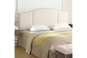 24KF Middle Century Linen Upholstered Tufted Queen Size Headboard with Antique Brass Nails Queen/Full headboard -Ivory