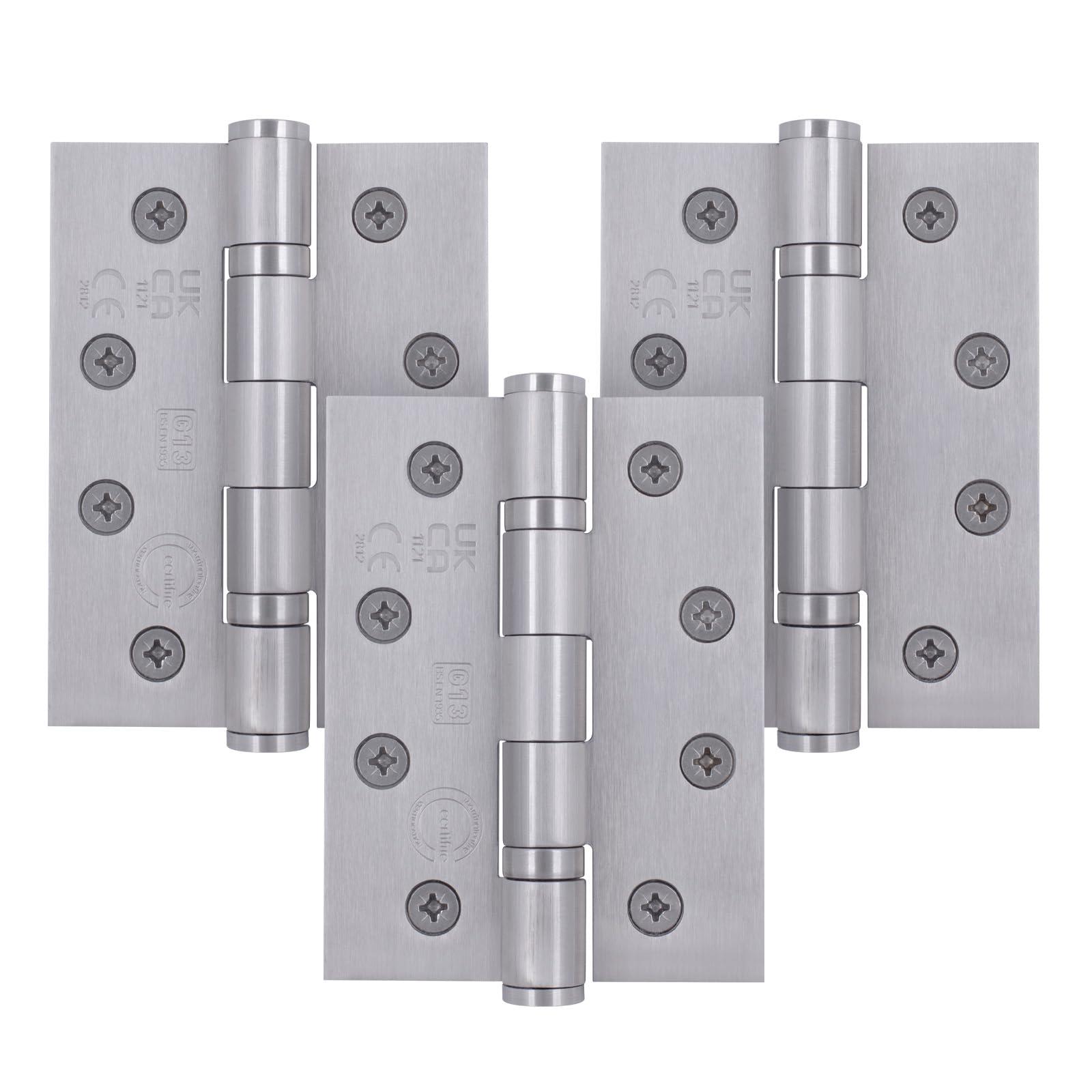 EAI Fire Door Hinges 4" / 102mm | Satin Stainless Steel Grade 13 Heavy Duty Fire Rated Internal Hinges | Pack of 3