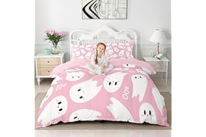 CASTLE FAIRY Happy Halloween Bedding Set King Size Cartoon Ghost Pink White Duvet Cover with 2 Pillow Sham Comforter Cover(No Filler) for Kids Teens Bedroom Decor,Watercolor Print Ultra Soft Duvet Cover Set 3 Pcs
