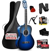 Pyle Beginner Acoustic Guitar Kit, 1/4 Junior Size All Wood Build Nylon Stringed Instrument with Capo, Strap, Extra String Set, Gig Bag, Guitars for Beginners Adults Youth, 30" Blue Burst Gloss