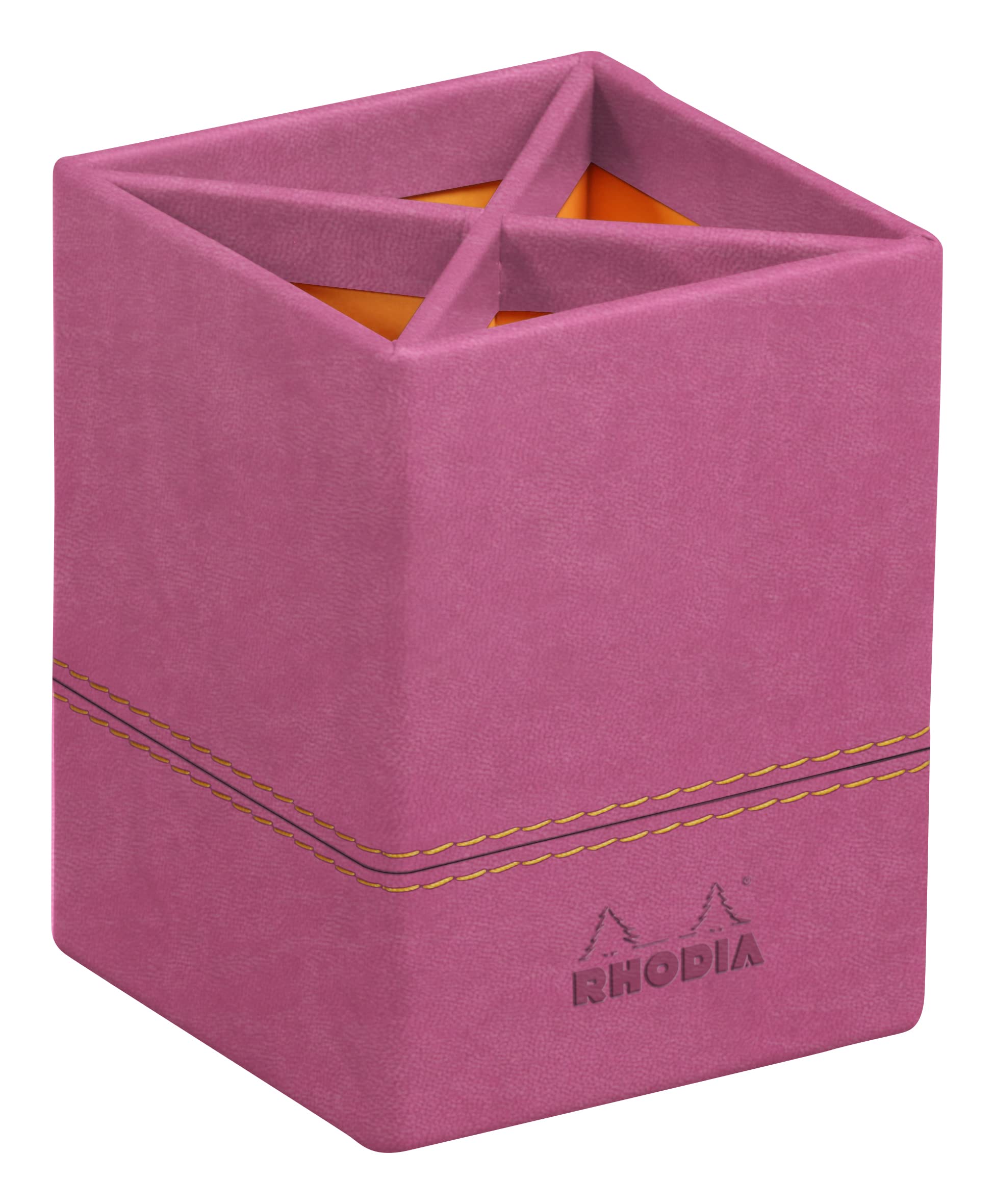 RHODIA 194535C - Fuchsia Pencil Holder - 8x8x11 cm - Orange Saddle Stitching - Faux Leather Exterior - Home Office Collection Rhodiarama - Office Organization & Design Storage