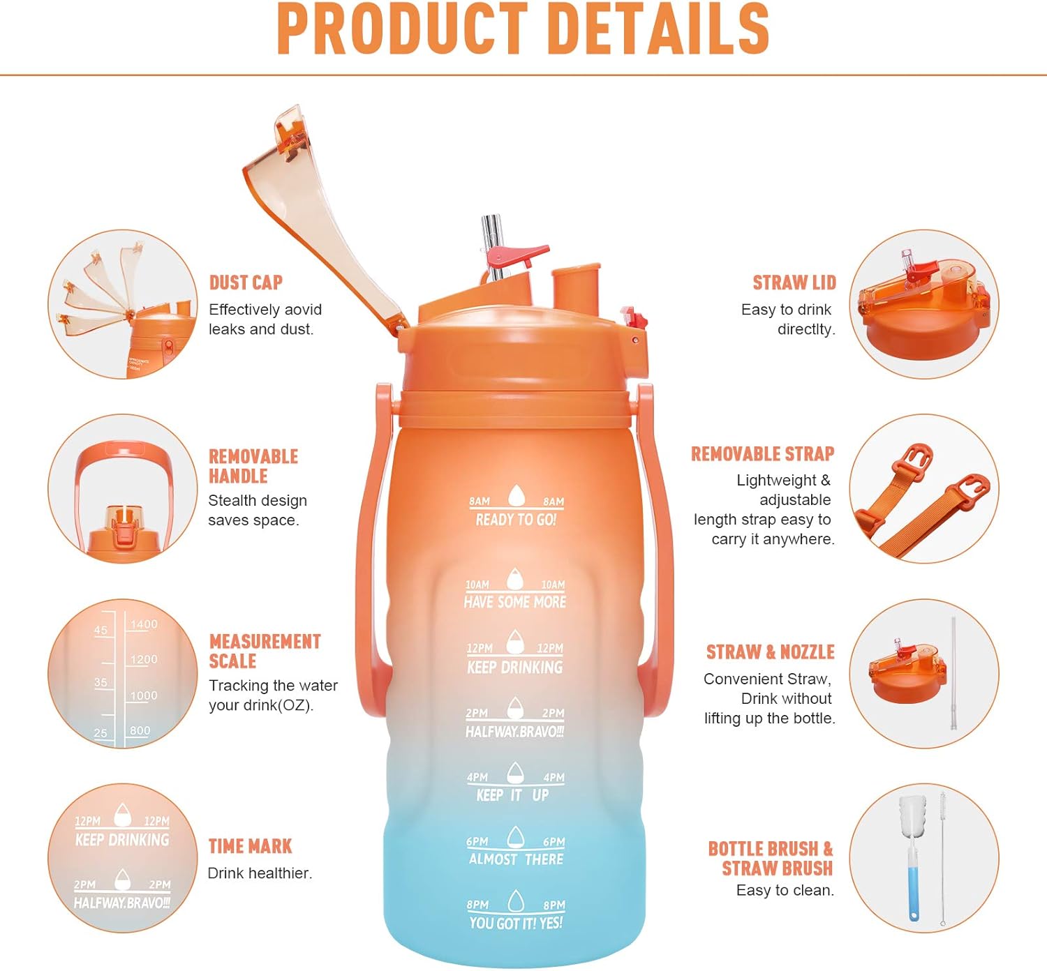 PASER 64oz Water Bottles with Times to Drink, 2 in 1 Lids(Chug and Straw) Tritan Leakproof BPA Free Sports Motivational Water Bottle with Replaceable Handle & Strap(Included Bottle Brush): Sports & Outdoors