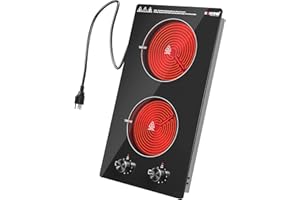 KOXKING 12 Inch 2 Burner Electric Cooktop, 1600W Ceramic Electric Stove Top, 120V Plug-in Radiant Countertop & Built-in Cooktop, 11 Heat Levels, Knob Control, Residual Heat Indicator