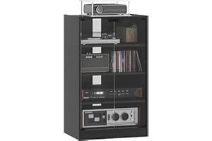 HOMCOM Media Cabinet, 4-Tier Stereo Cabinet, Record Player Stand with Vinyl Record Storage, Adjustable Shelves, Tempered Glass Doors and Cable Management, Distressed Black