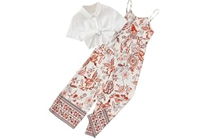 OYOANGLE Girl's 2 Piece Outfits Short Sleeve Button Down Shirt Crop Top and Wide Leg Pants Jumpsuit Set