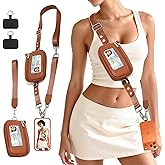 Phone Lanyard Crossbody with Wallet, Save the Hand for Girls Phone Strap Clip and Go Adjustable, 2 Cell Phone Clips & a Wristlet, Zippered Leather Bag for ID Cards, Money for Women Travel, Brown
