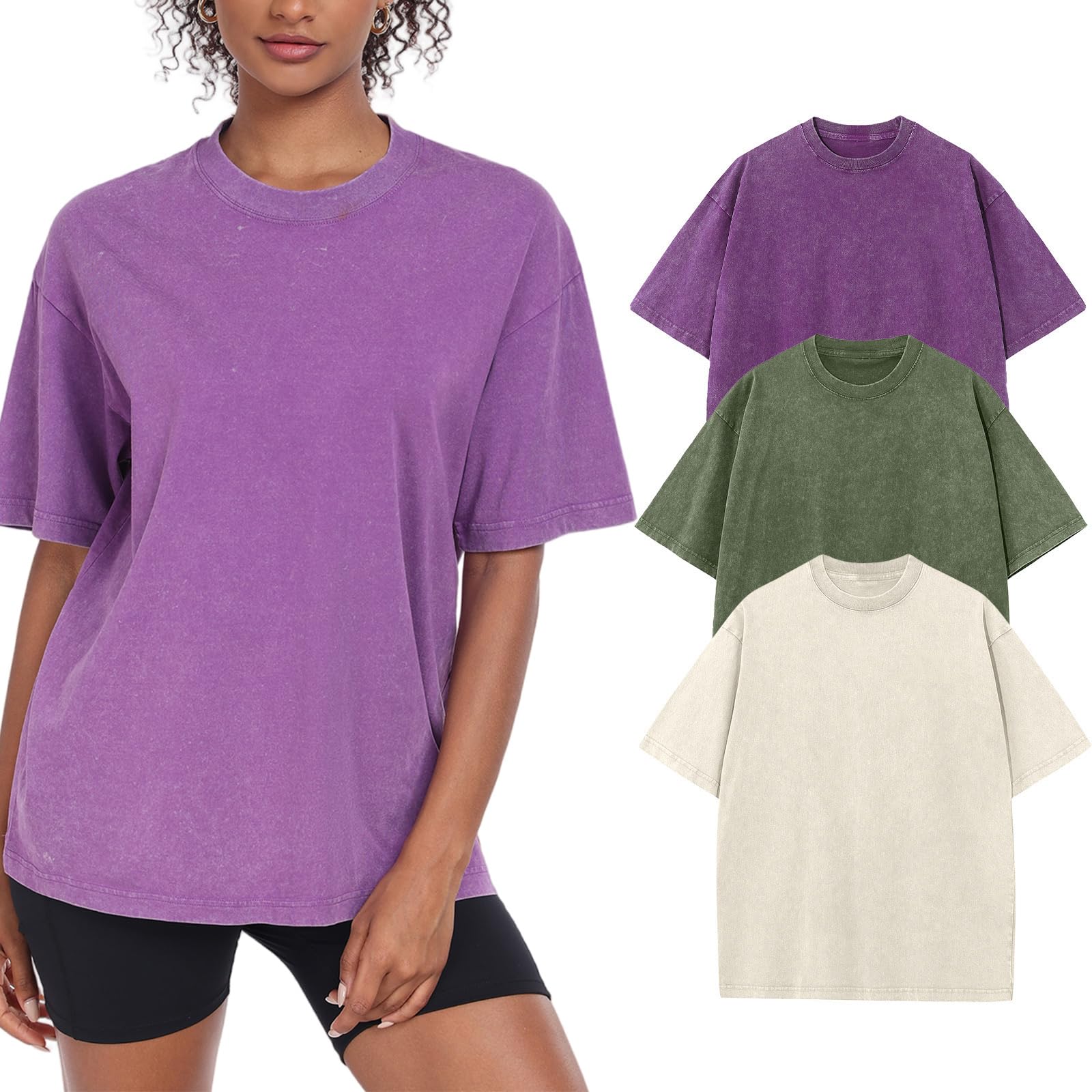 3 Pack Womens Washed Vintage Oversized T-Shirt Casual Baggy Streetwear Boyfriend Tee Workout Short Sleeve Cotton Tops(W-BEAGPP,s) Image
