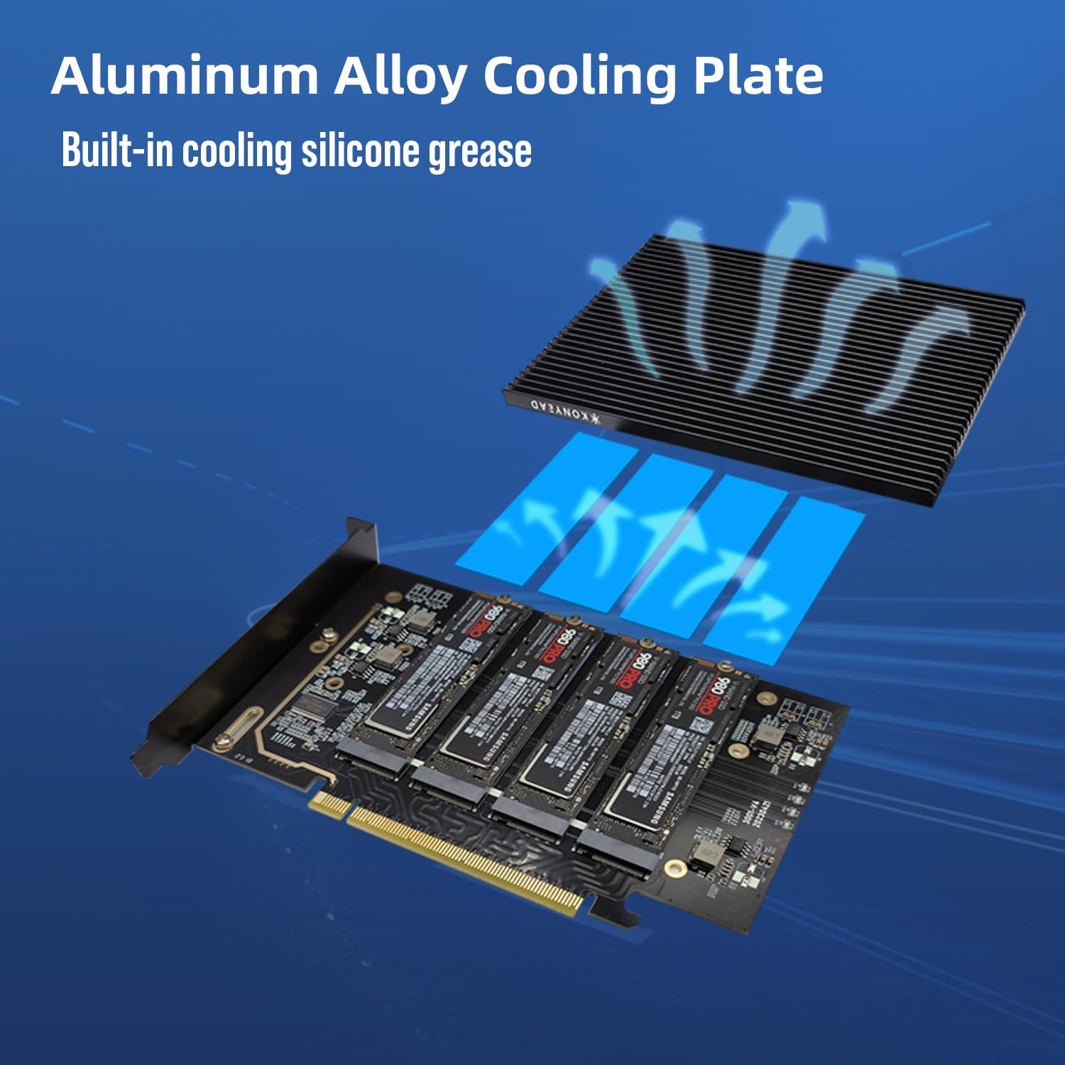 pcie4.0 x16 to m.2 m-Key nvme x 4 ssd Expansion Card with Heatsink，Supports 4 NVMe M.2 2280 up to 256Gbps，M2 Adapter Card 2280 Driver Free. Bifurcation Required…