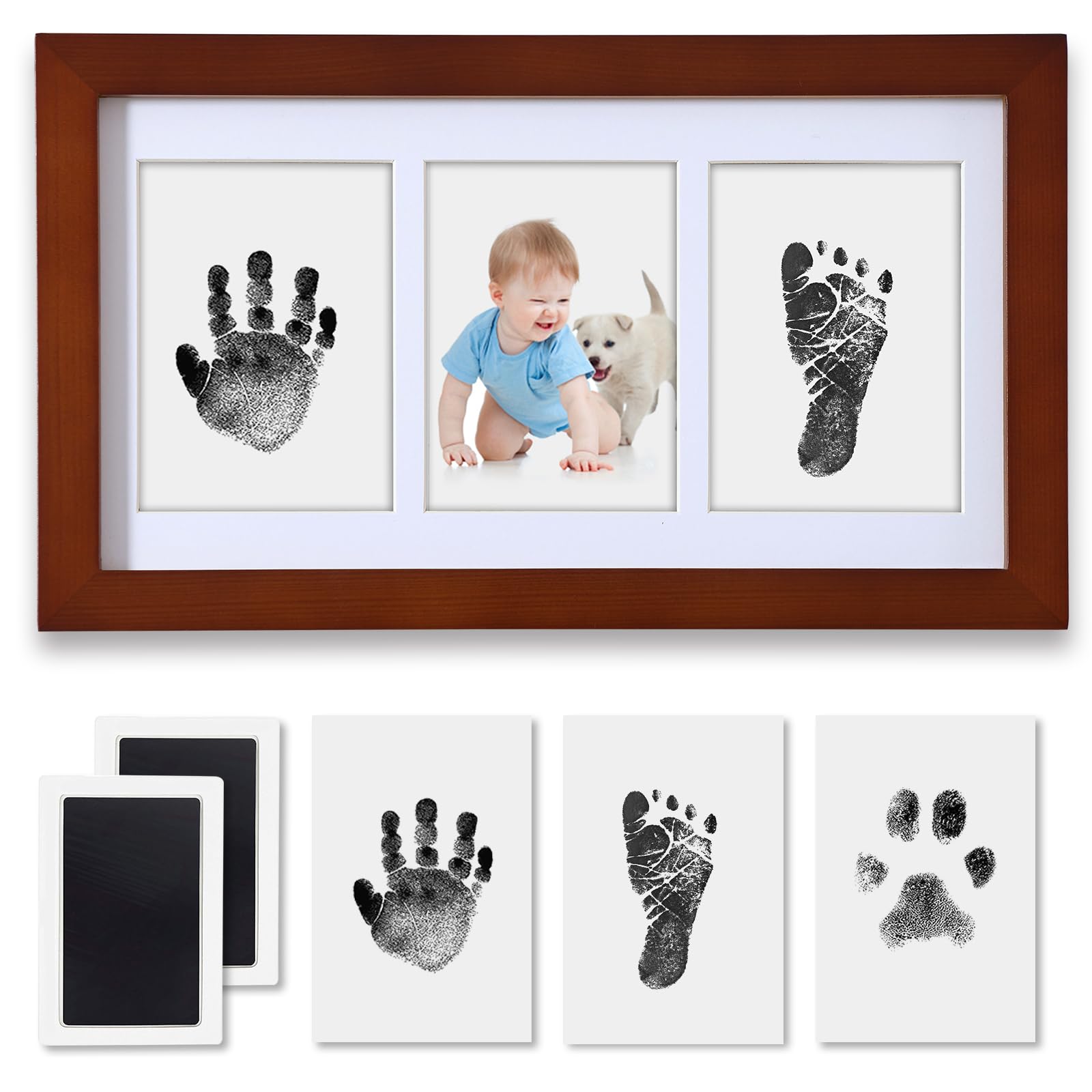 PewinGo Baby Handprint and Footprint Kit - Framed Photo Kit with 100% Clean-Touch Ink Pad - Perfect Baby Gift - Walnut