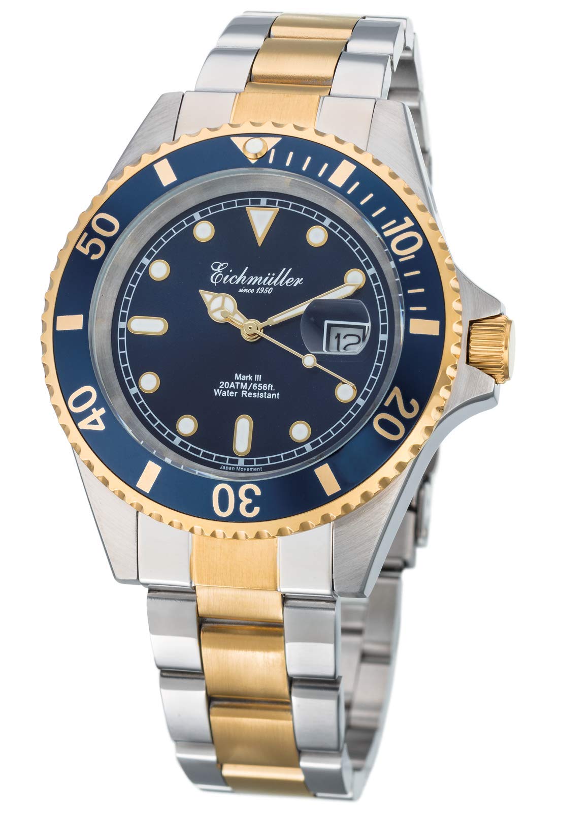 Eichmüller Diver Men's Watch 200M Stainless Steel Bi-Colour Date Display and Rotating Bezel, Blue-silver-gold, Bracelet