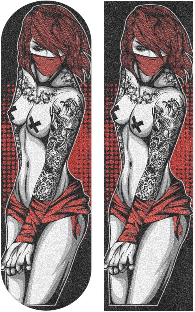 N\ A Sexy Tattoo Woman Pretty Girl Skateboard Grip Tape Cool Longboard Scooter Griptape Grip Tape Anti Slip Waterproof Bubble Free Sandpaper Skateboard Deck Stickers Sheet 9"x33"
