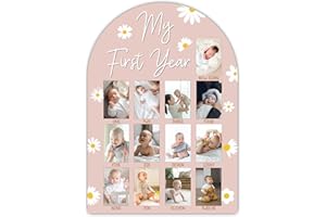 SIXEIGHT One Year of Wood Photo Board, My First Year Milestone Photo Board, 12 Monthly Baby Picture Frame, Flower Nursery Decor, Girl Boy 1st Birthday Decorations, Baby Keepsake Best Gift-A13
