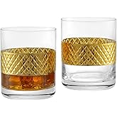 MyGift Whiskey Glasses Set of 2 with Brass Tone Diamond Pattern Design, 11oz intage Cocktail Drinking Tumblers Bourbon Glasses