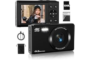 SMARTKLIK Upgrade Digital Camera, FHD 4K 44MP Autofocus Digital Point and Shoot Video Camera with 16X Zoom, 32GB SD Card, Compact Digital Camera Cheap for Teens Boys Girls Kids Black Camera