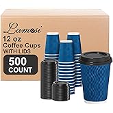 Lamosi Disposable Coffee Cups with Lids 12 OZ 500 Pack, Insulated Paper Corrugated Ripple Wall To Go Cup for Hot Beverages - Blue