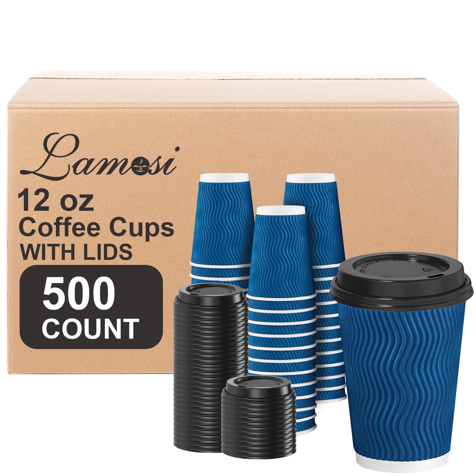 Lamosi Disposable Coffee Cups with Lids 12 OZ 500 Pack, Insulated Paper Corrugated Ripple Wall To Go Cup for Hot Beverages - Blue Image