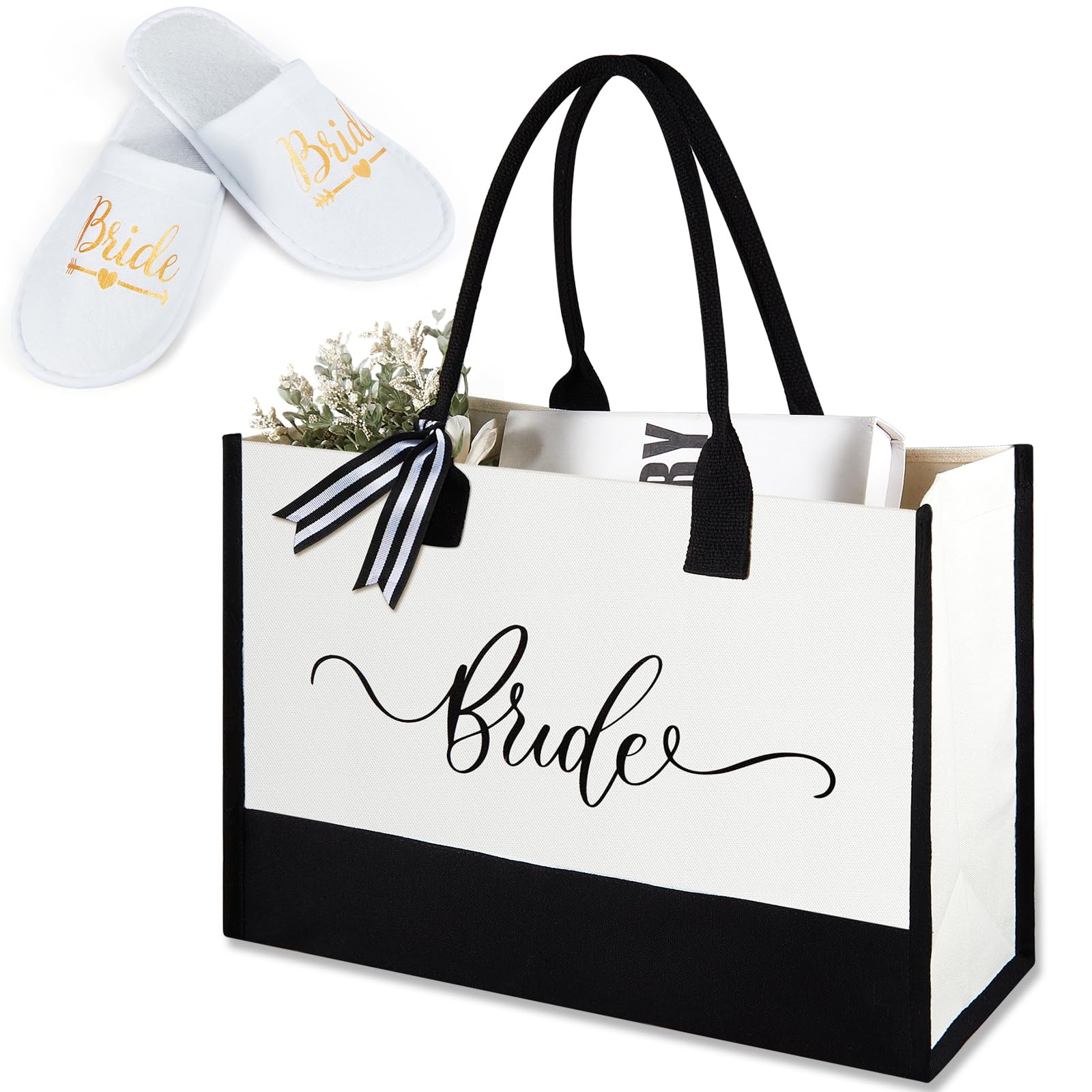 Weewooday 2 Pcs Hen Do Accessories for Party Include Bride Tote Bag and Slippers, Bride to Be Gifts Bridal Bag Spa Slippers for Wedding Day Bridal Shower Favors Women Gifts(White)