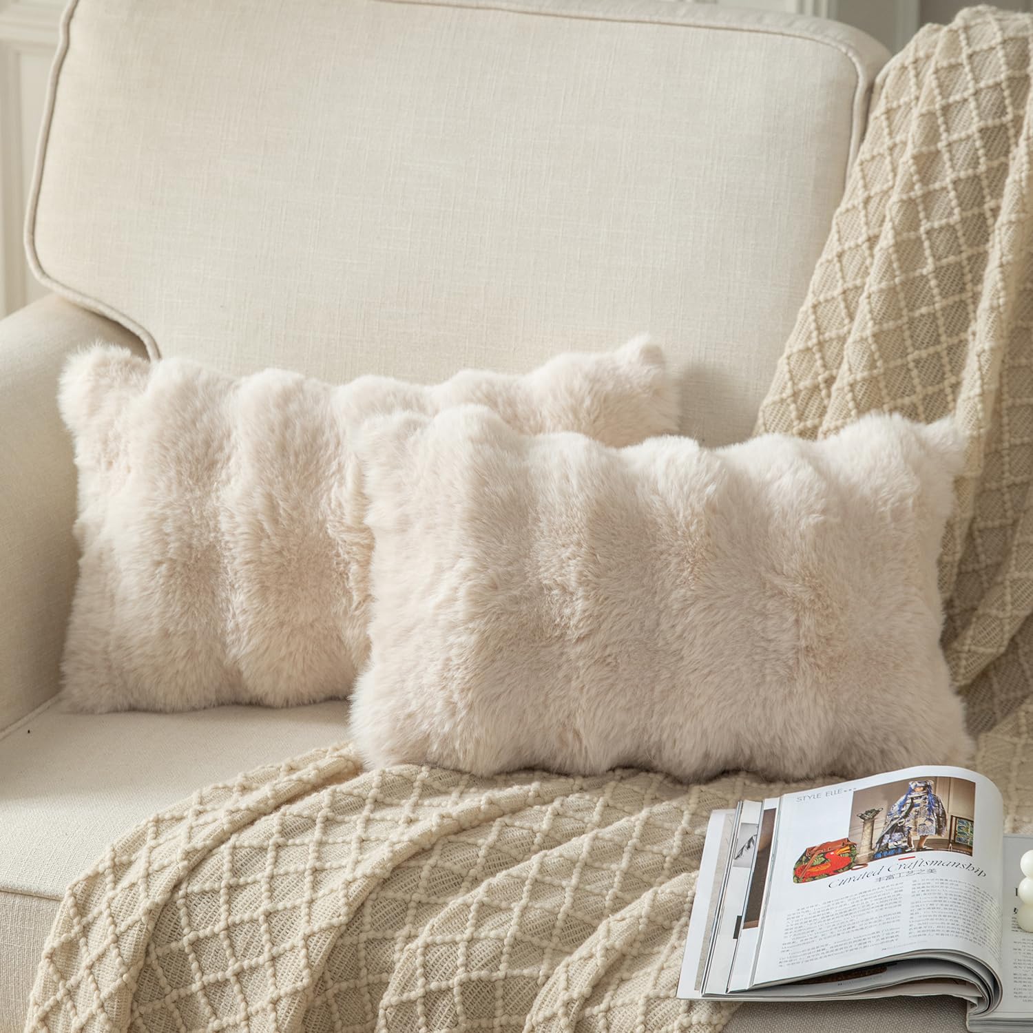 YAERTUN Pack of 2 Beige Cushion Covers 12x20 Inch 30x50 cm Thick Soft wool Decorative Throw Pillow covers Pillowcase Faux Fur Plush fluffy for Sofa Couch Bedroom