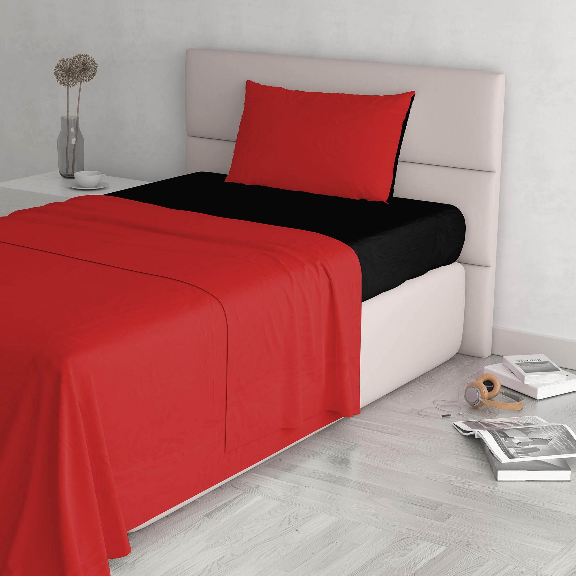 Italian Bed Linen Natural Color Bed Set (Flat 150x300, Fitted Sheet 90x200cm+Pillowcase 52x82cm), Petrol Bottle Green, 100% Cotton, red/Black, SINGLE