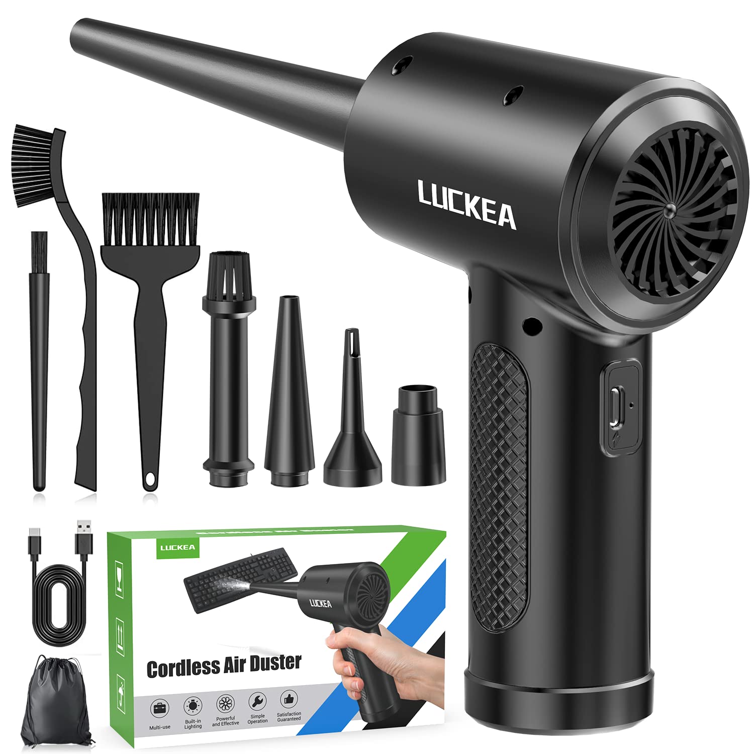 LUCKEA Electric Air Duster Compressed for PC - Rechargeable 6000mAH Blower with Brush Computer Keyboard Cleaning, Cleaner Electronics, Alternative to Canned (‎C4915-6)