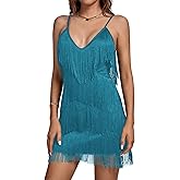 Umenlele Women's Layered Fringe Deep V Neck Cami Mini Dress Sleeveless Tassels Flapper Dresses