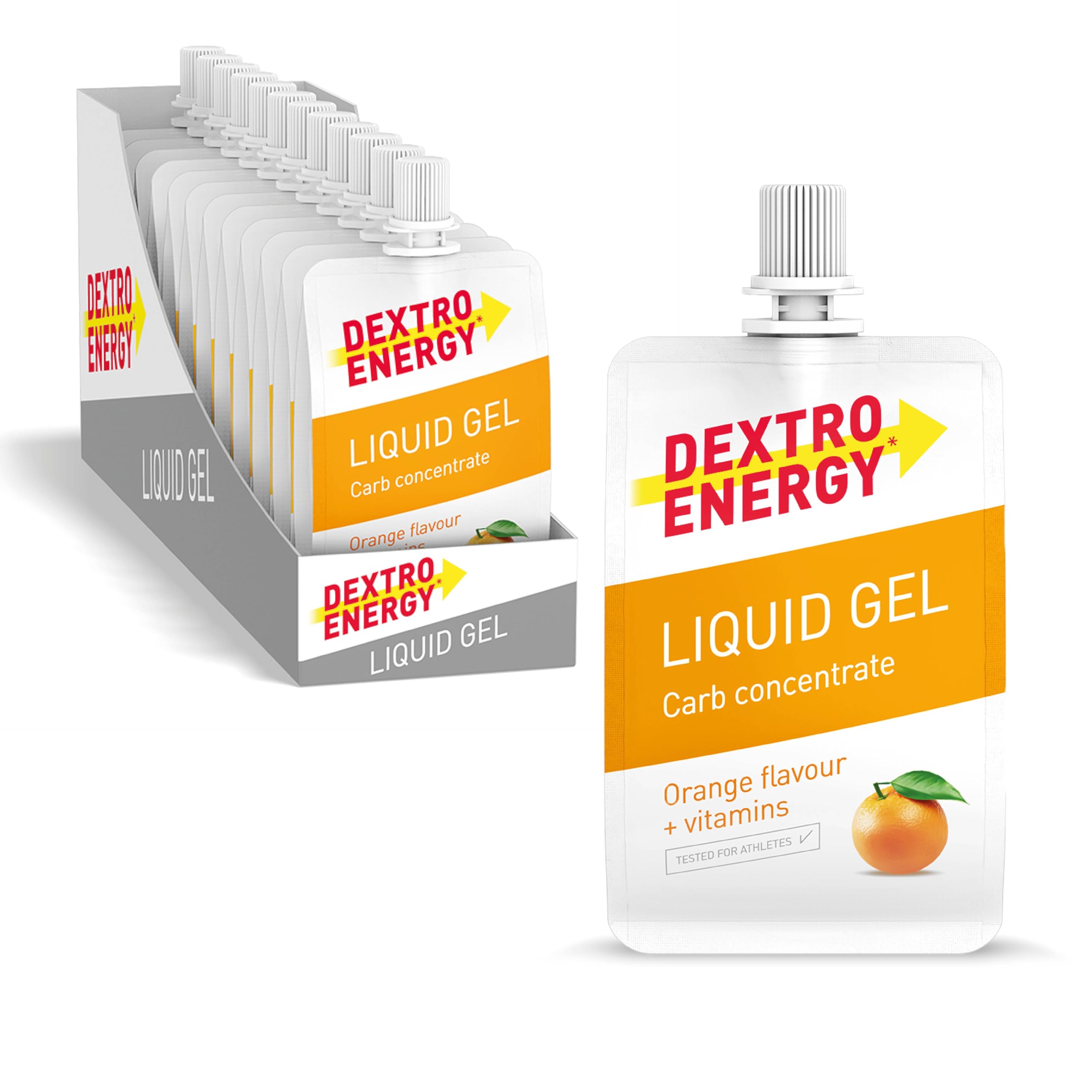 Dextro Energy Orange Energy Gel | NON-Sticky Fast Acting Drinkable Liquid Energy | a Quick Burst of Glucose with Vitamins | 28g of Carbohydrates | For Running or Cycling | Vegan I Pack of 12
