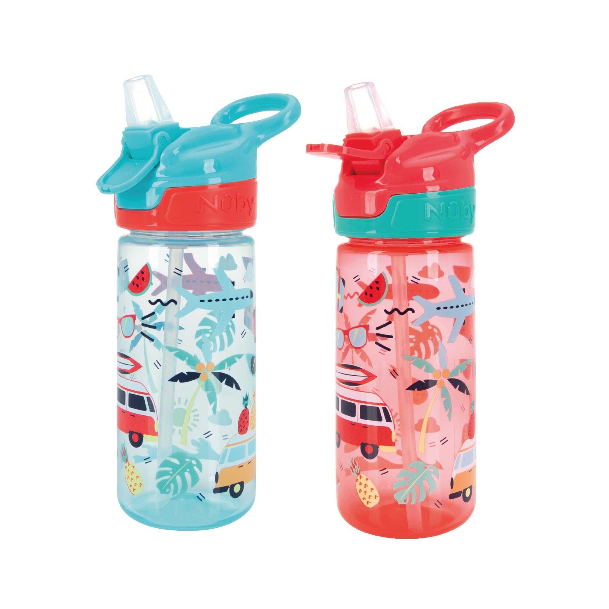 Nuby Super Quench Water Bottle-No Spill Active Toddler Sippy Cup|540ml/19oz |Carry Handle|Freeflow|Dishwasher, Steriliser Safe|Suitable Beaker for 18 Months Plus (Tropical, Pack of 2)