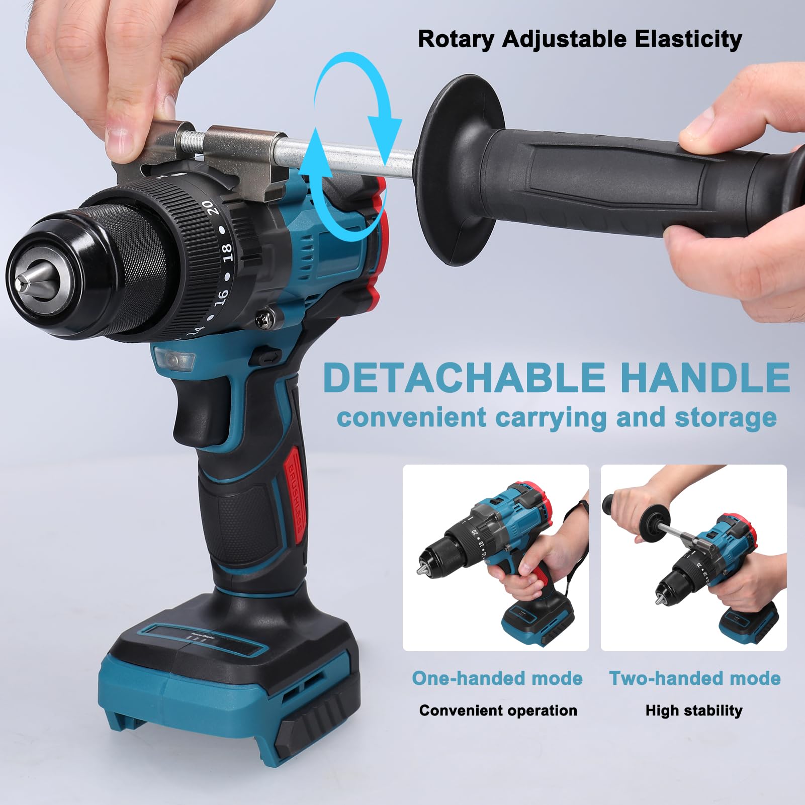 Hand Drill, 0.5 inch (13 mm) High Torque Multifunctional Electric Cordless Drill High Power Rechargeable Hand Drill Brushless Motor Household DIY Power Tools