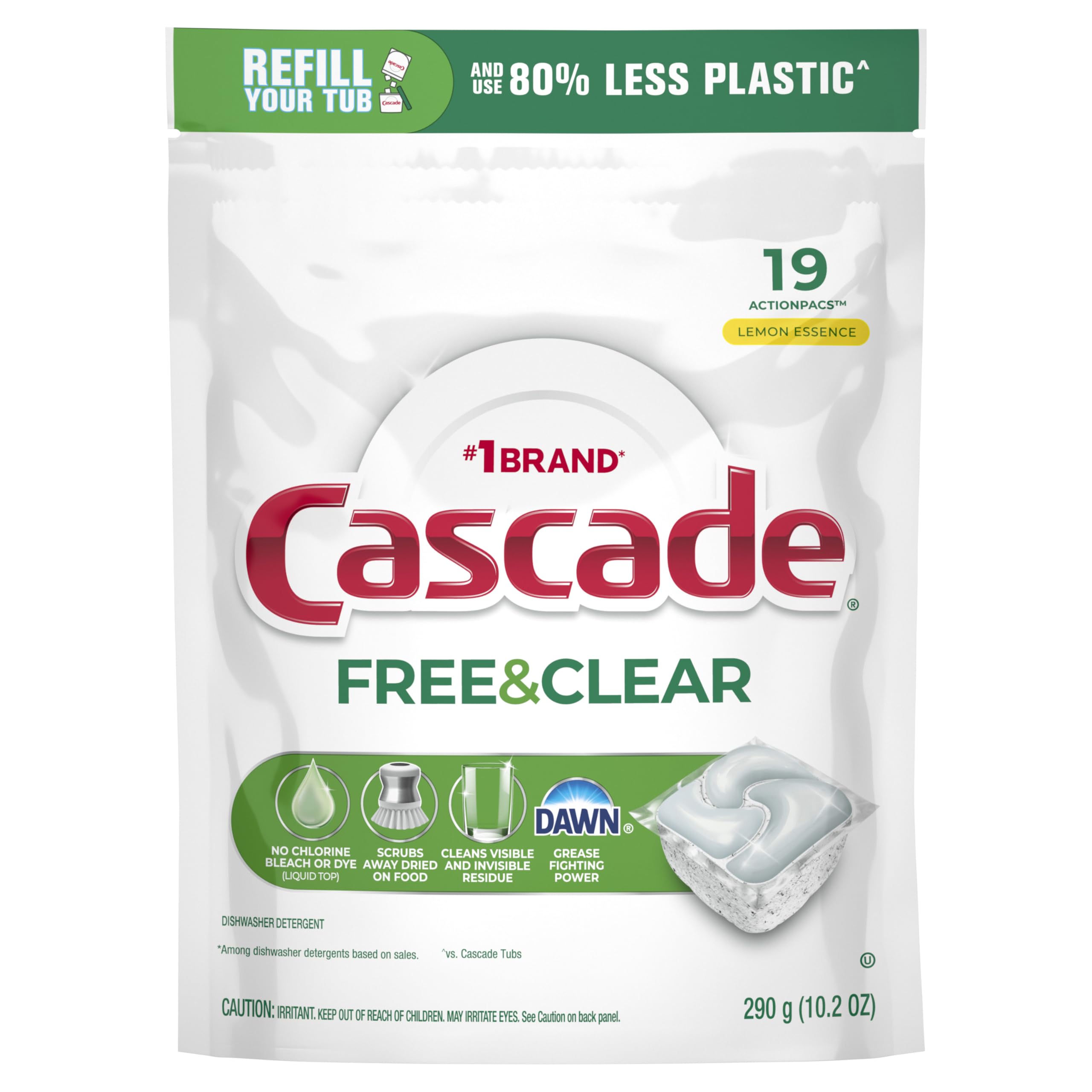 Cascade Free & Clear Dishwasher Pods, Dishwasher Detergent, Dish Detergent Soap, Lemon Essence, 19 Count