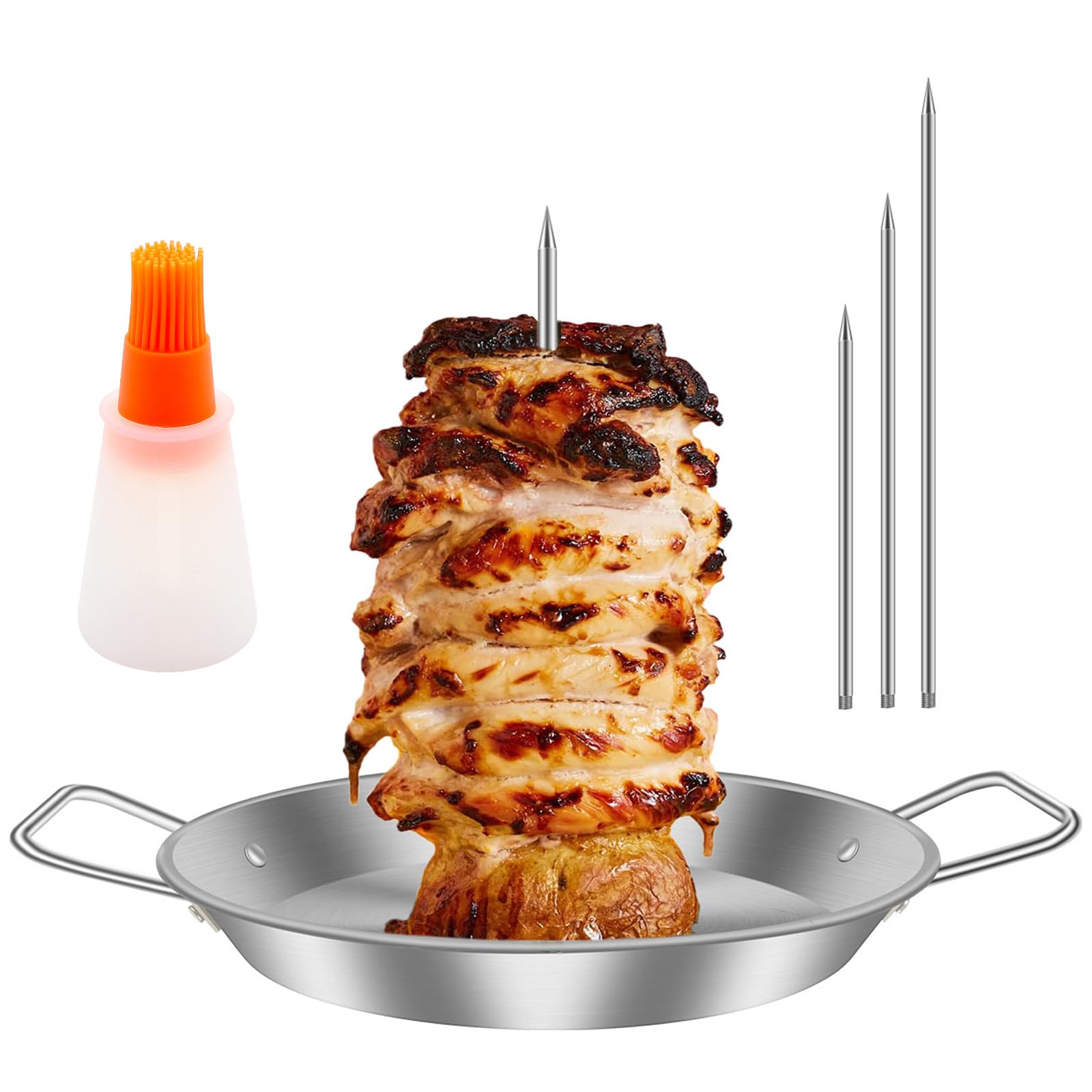 Alongen Vertical Meat Skewer, Stainless Steel BBQ Vertical Skewer Grill,with 3 Removable Spikes 8/10/12 Inch and Oil Brush for Whole Chicken Fish Sausage Steak