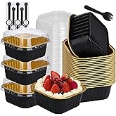 Xuqiakw Disposable Ramekins Cupcake Liners for Brownie Pie 100 Pack Mini Cake Pans with Lids,Disposable small cake pans with Lids and Spoons Stickers