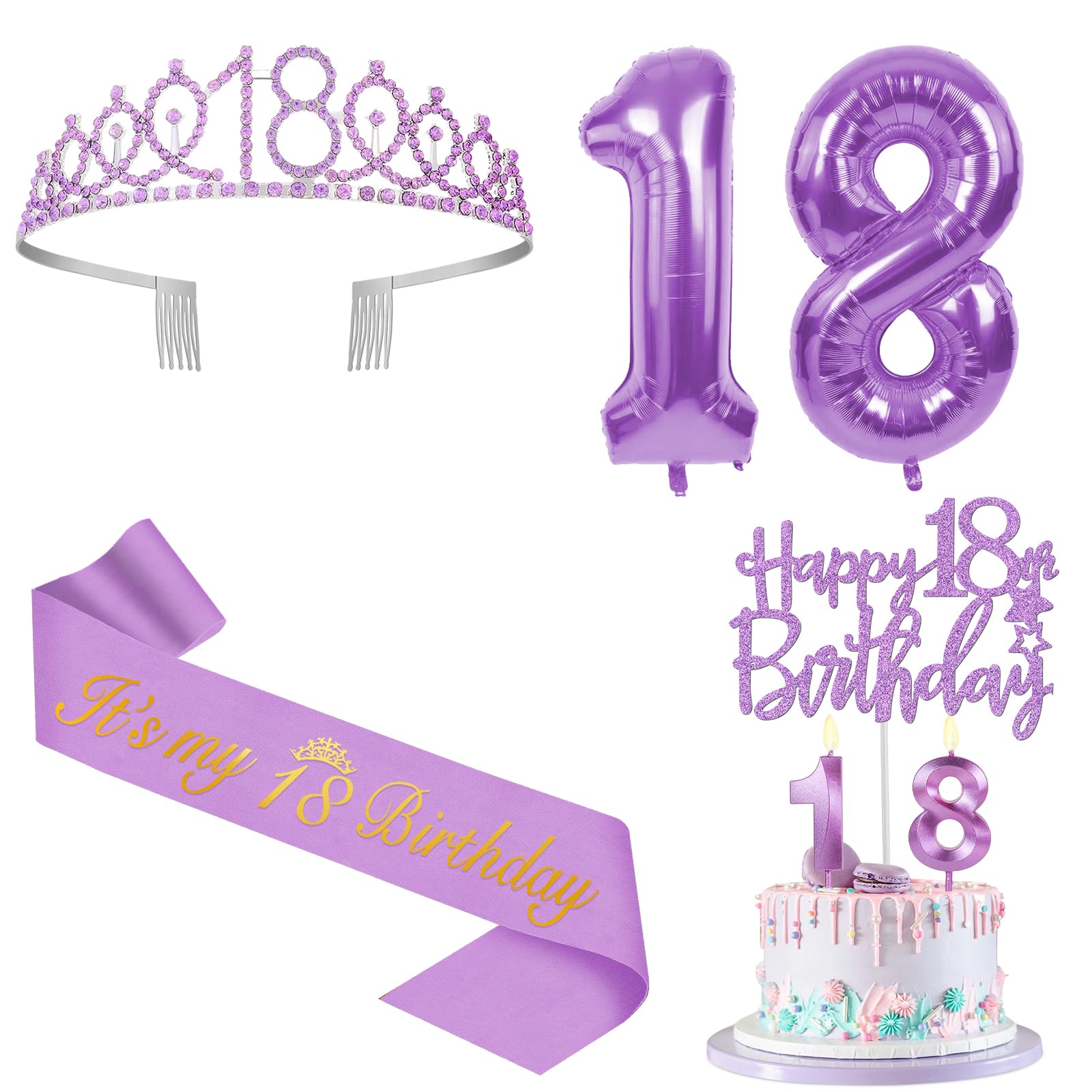 Photo 1 of 18th Birthday Decorations for Girls Purple with 18th Birthday Sash and Crown, Cake Topper and Candles, Number Balloons, 18 Year Old Gifts for Girls