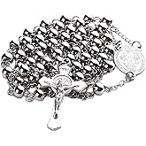 HELLOWIN 6mm Beads Stainless Steel Saint Benedict and Crucifix Cross Pendant Rosary Necklace with Gift Box
