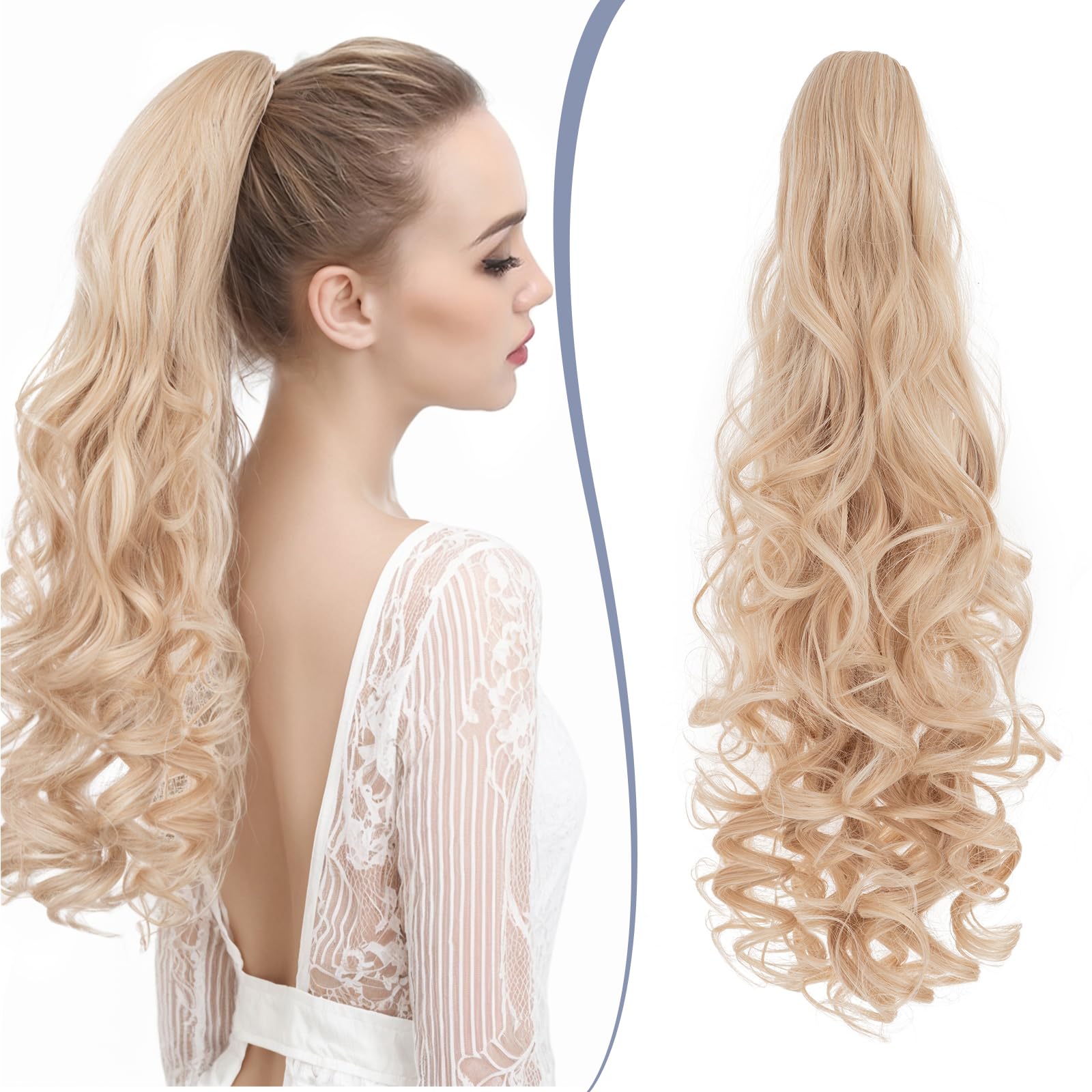 TESS 24'' Curly Ponytail Extensions, 210g Claw in Long Ponytail Extension, Hair Pieces for Women, Natural Blonde Mixeded Bleach Blonde — image 1