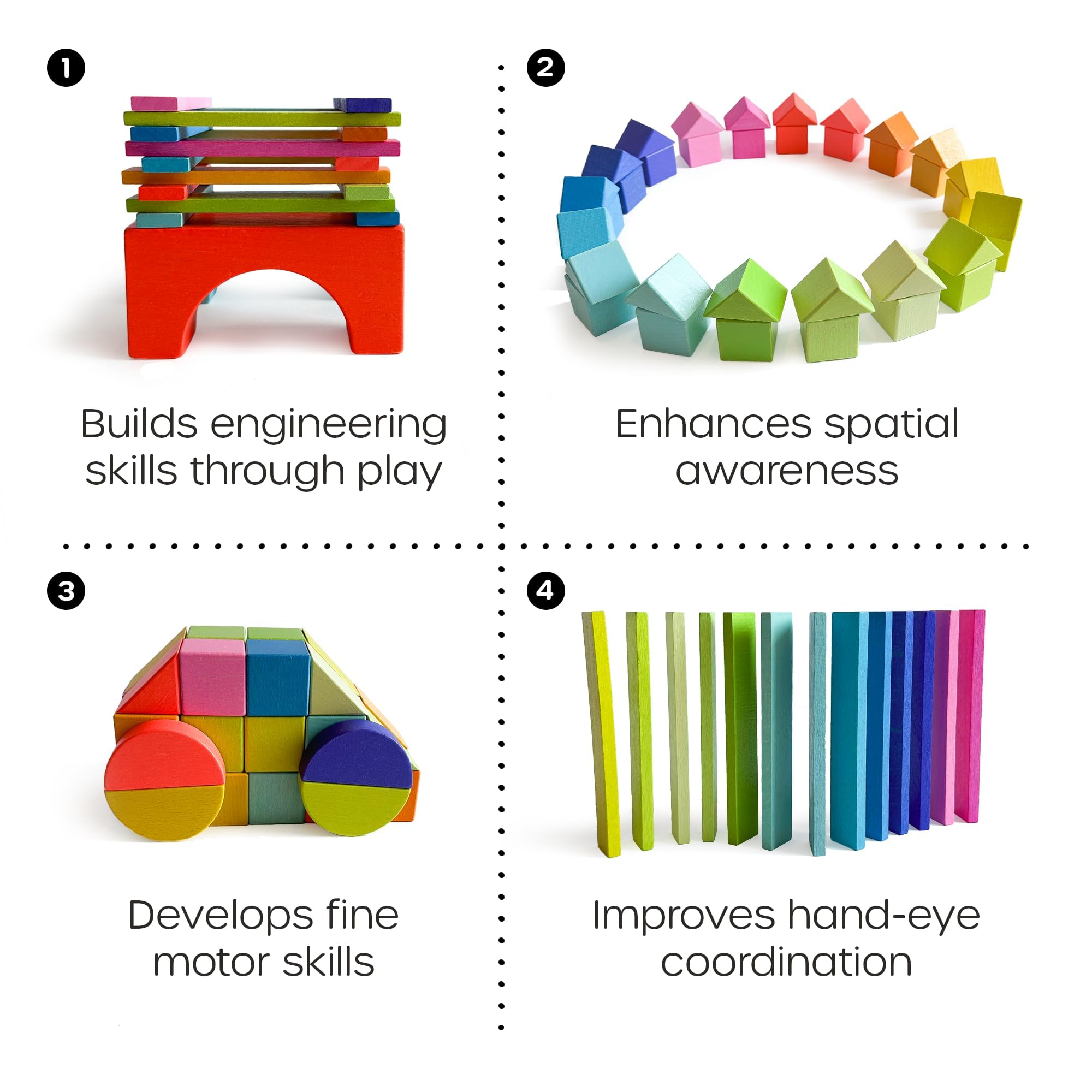 Quiggly Montessori Wooden Rainbow Building Blocks Set | 68-Piece Educational STEM Toy for Toddlers | Includes Storage Box with Carry Handles | Ideal for Ages 12-48+ Months (Wooden Storage Box)
