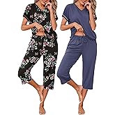 Marvmys Womens 2 Pack Pajama Sets Short Sleeve Pajamas Tops and Capri Pants Pjs Print Lounge Sets with Pockets S-3XL
