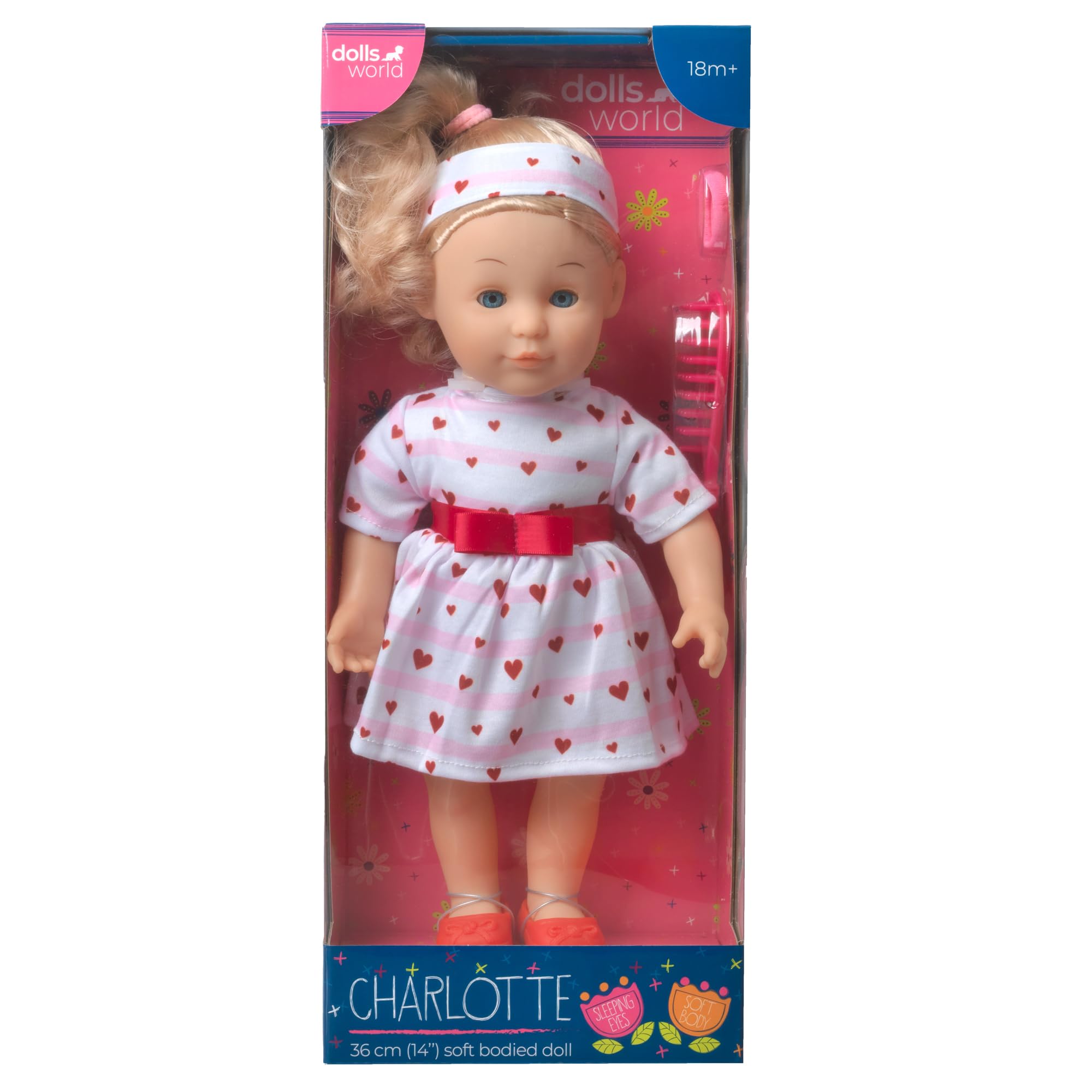 Dolls World from John Adams | Charlotte 36cm Soft Bodied Doll with Golden Hair & Sleeping Eyes | Includes Outfit, Shoes, Hair Brush & Scrunchies | Dolls with Accessories for Toddlers 18 Months+