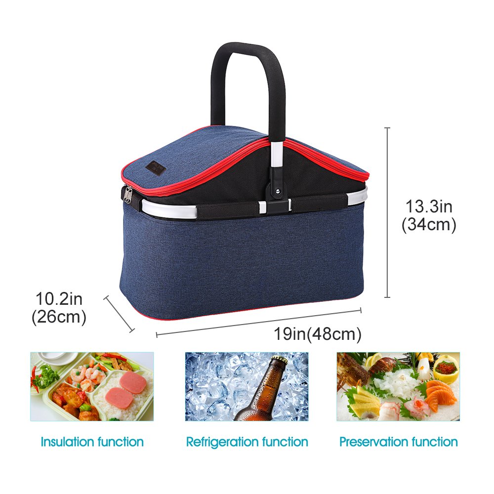 Collapsible Soft Cooler Bag 30L Family Size Insulated Folding Picnic Basket Service for 4 Person’s Food and Drink Keep Hot/Cold/Fresh for Hours Waterproof Insulation Tote With Aluminum Handle-Blue