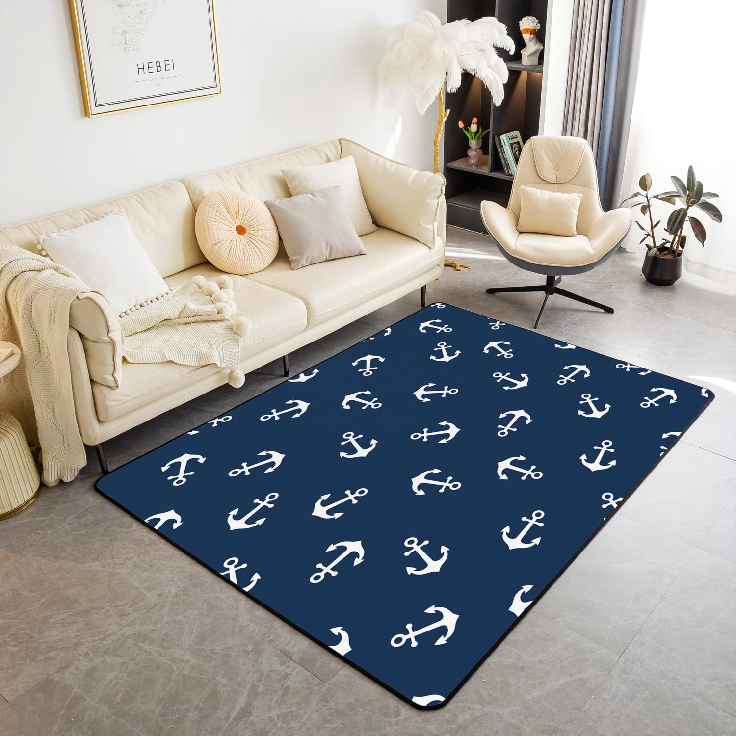Homemissing Anchor Area Rug Anchor Decor Accent Rug Home Decor Nautical Ocean Themed Blue Decorative Rugs Indoor Floor Mat 100 * 150cm