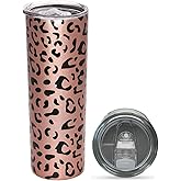 PRAGDUCT 20OZ Leopard Tumbler, Cheetah Print Compound festival Gifts for Women Leopard Print Coffee Cugs with Lid, Rose Gold Stainless Insulated Tumbler Cups Birthday Chetah Gifts for Mom