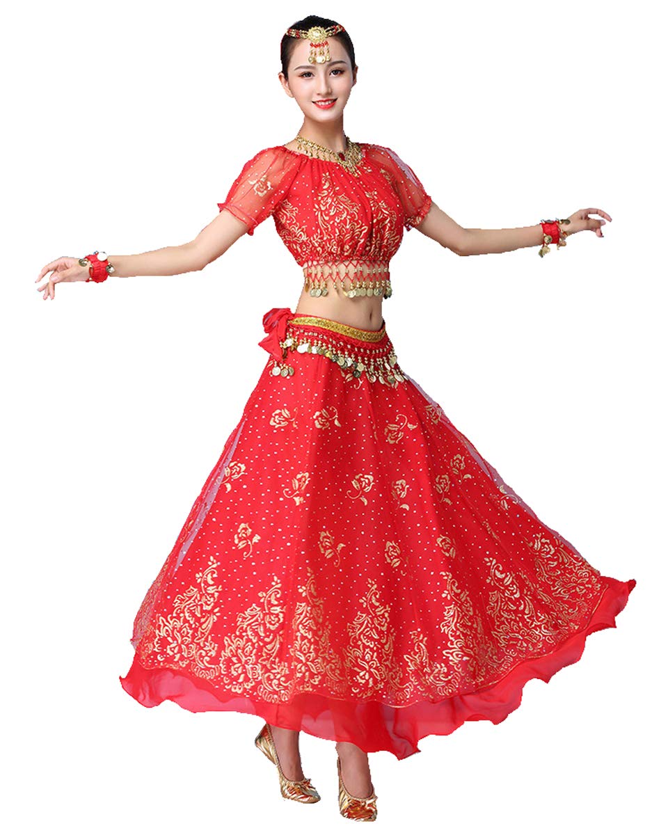 Grouptap Bollywood red indian womens ladies fancy anarkali salwar kameez dress arabian princess belly dance skirt outfits costume (Red, 150-170 cm, 45-70 kg)