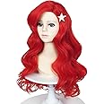 Probeauty Red Mermaid Wigs for Kids Girls, 21inch Red Wig Curly Wave Wig with Starfish Hair Clips for Halloween Costume