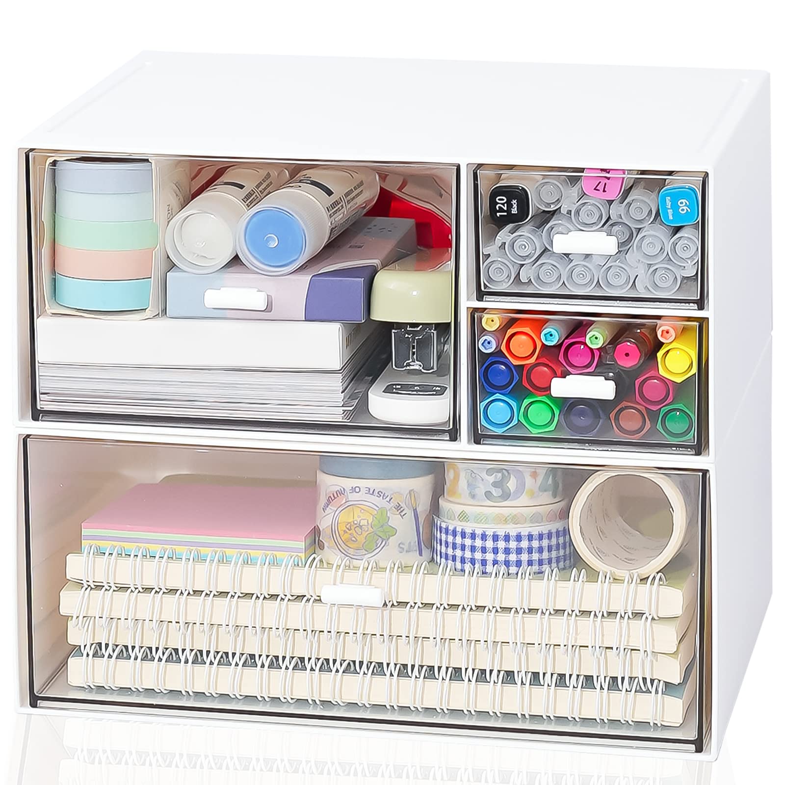 Desk Drawer Organizer, Makeup Organizer Storage Box with 4 Stackable Plastic Drawers, Desk Organizer for Home Collection Cosmetics Office Bathroom Counter Dresser (A)
