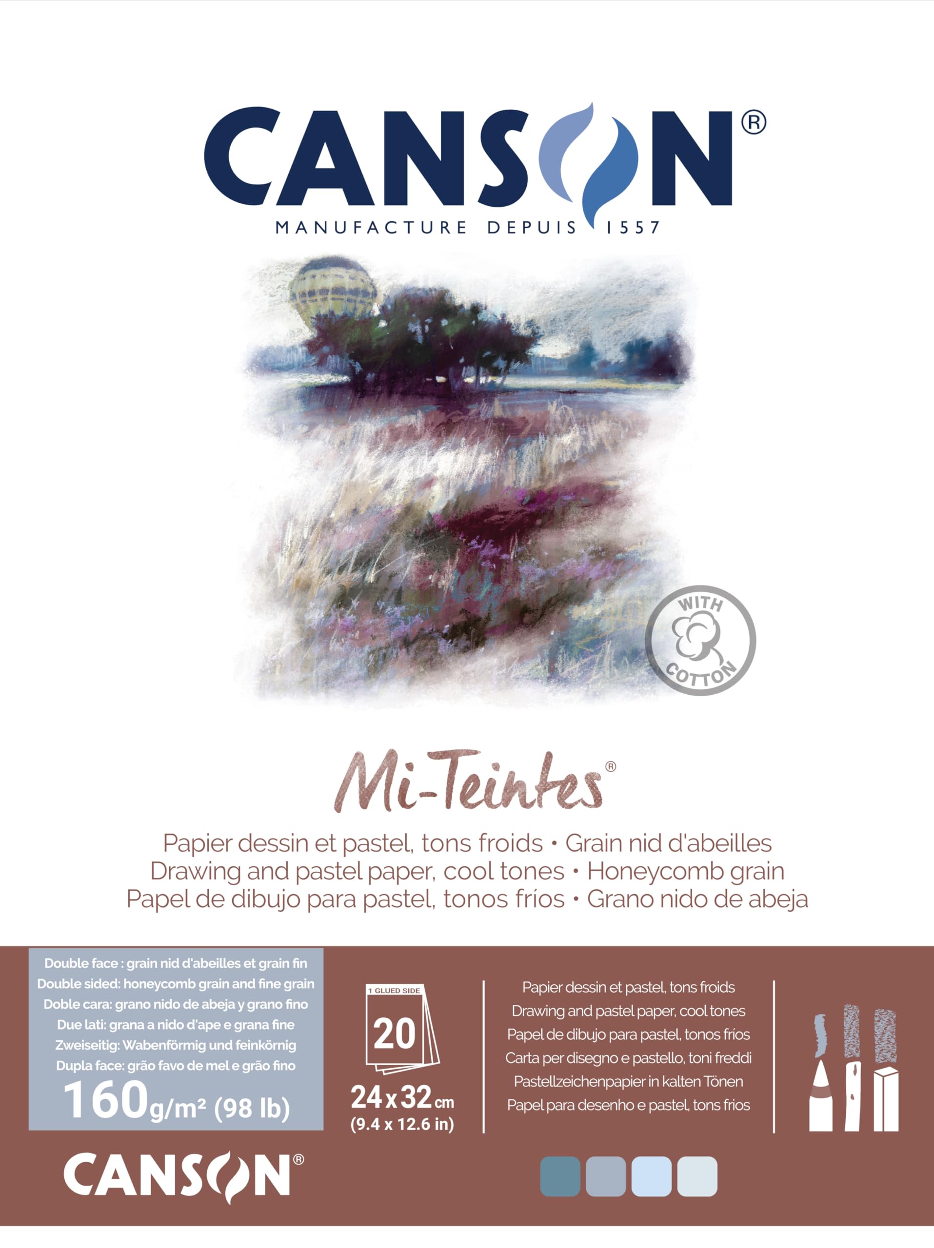 CANSON Mi-Teintes Coloured Drawing 160gsm 24x32cm Paper Pack, Double Sided: Honeycomb & Fine Grain, Pad Glued Short Side, 4 Cool Tones, 20 Sheets, For Professional Artists & Illustrators