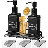 VIMERPA Dish Soap Dispenser with Adjustable Sponge Holder, 10 fl oz Kitchen Hand and Dish Soap Dispenser Set, Matte Black Bottle and Vintage Design