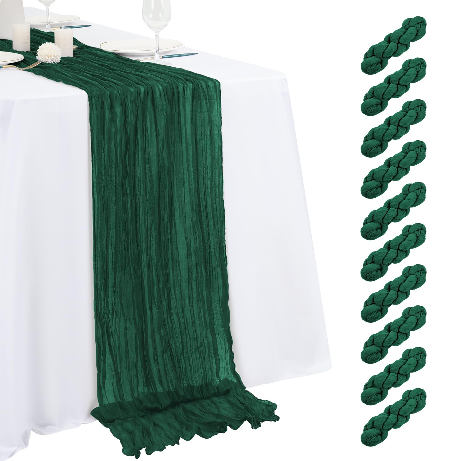 Photo 1 of 10 Pack Emerald Green Cheesecloth Table Runner 17x108 Inch Semi Sheer Boho Gauze Cheese Cloth Table Runners, for Wedding Bridal Shower Birthday Party Home Decor Garden Farmhouse