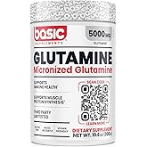 Basic Glutamine Powder, 5000mg L-Glutamine for Muscle Recovery, Immune Support, Protein Synthesis, Vegan, Gluten-Free, Unflavored, 60 Servings