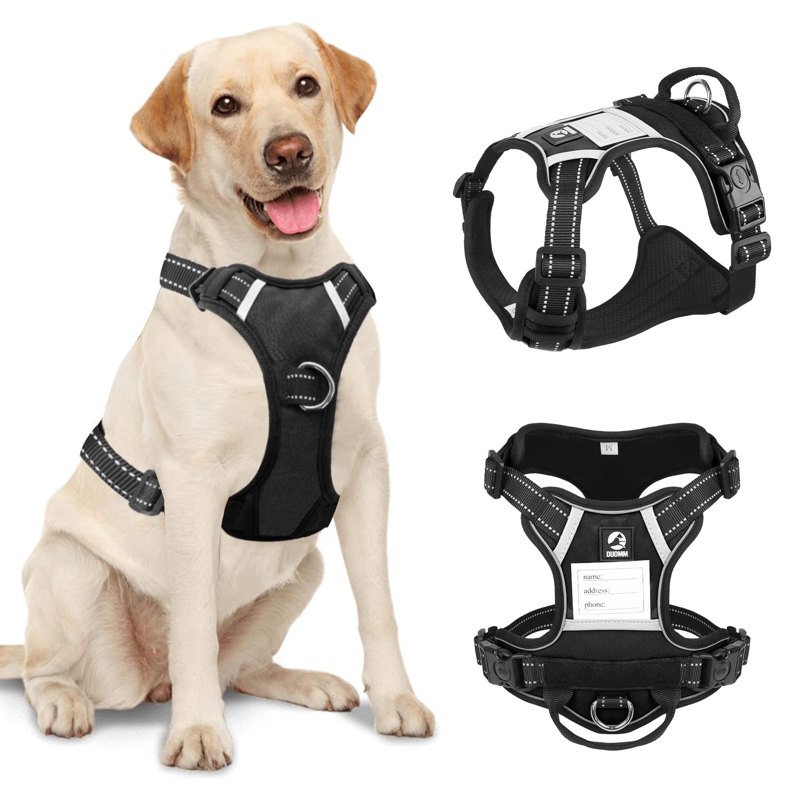 CHOWU Dog Harness Large, No Pull Pet Harness, Adjustable Pet Vest Harness With 2 Leash Clips and ID Badge, Reflective Soft Padded Pet Vest with Easy Control Handle for Walking Training, Black, L